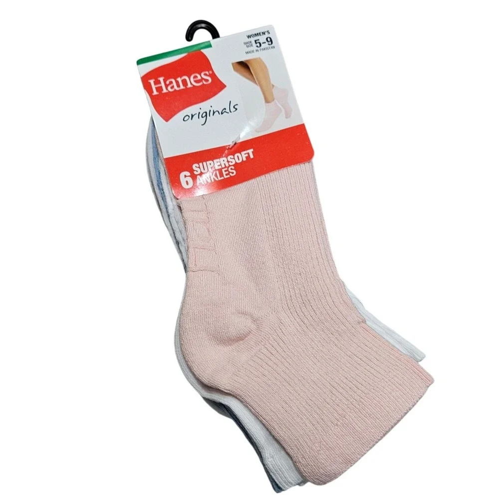 Hanes Ankle Socks Women 5-9 Multi Color 6 Pack Supersoft Ribbed Cotton Blend New